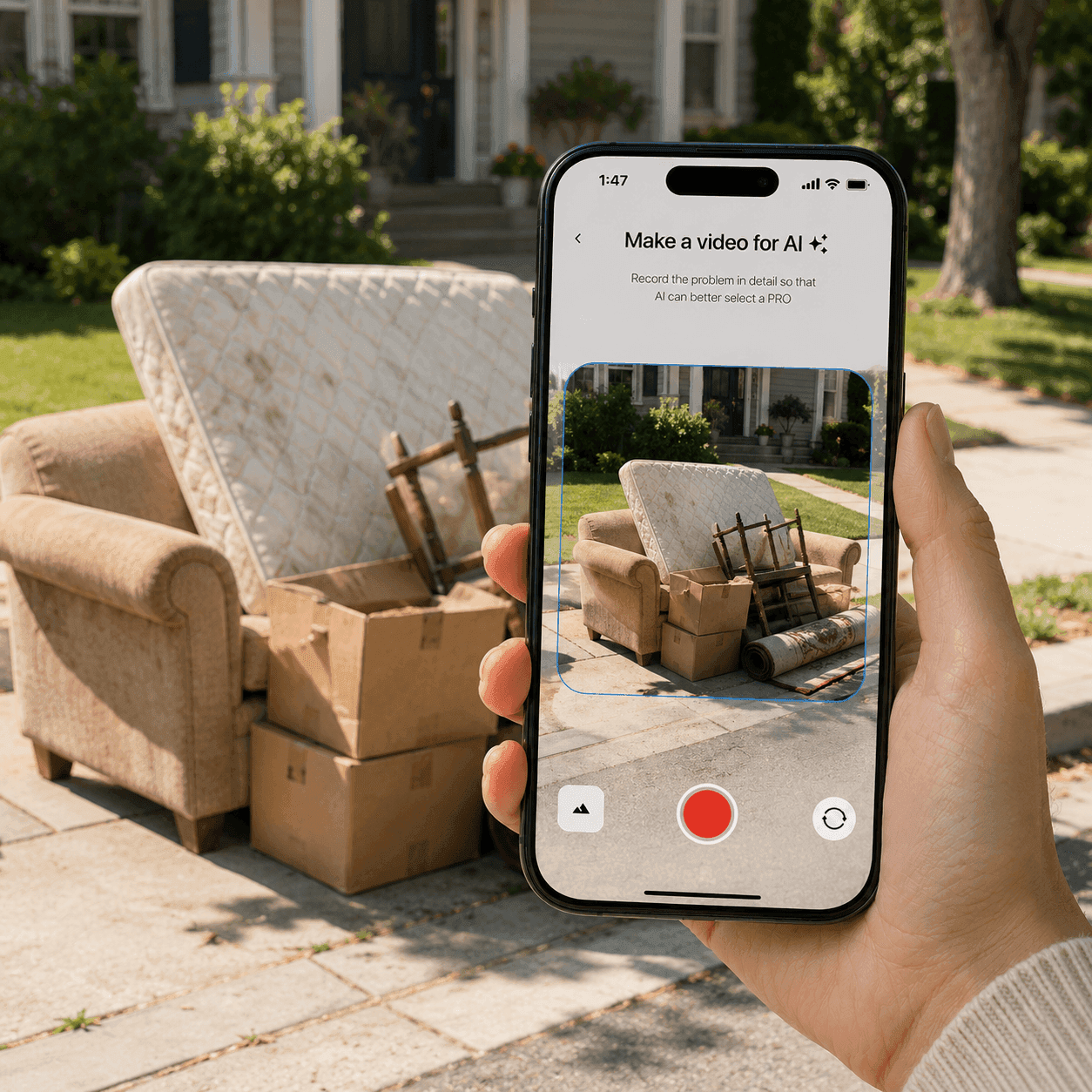 Phone recording an AI quote video of a couch and old furniture set out for pickup