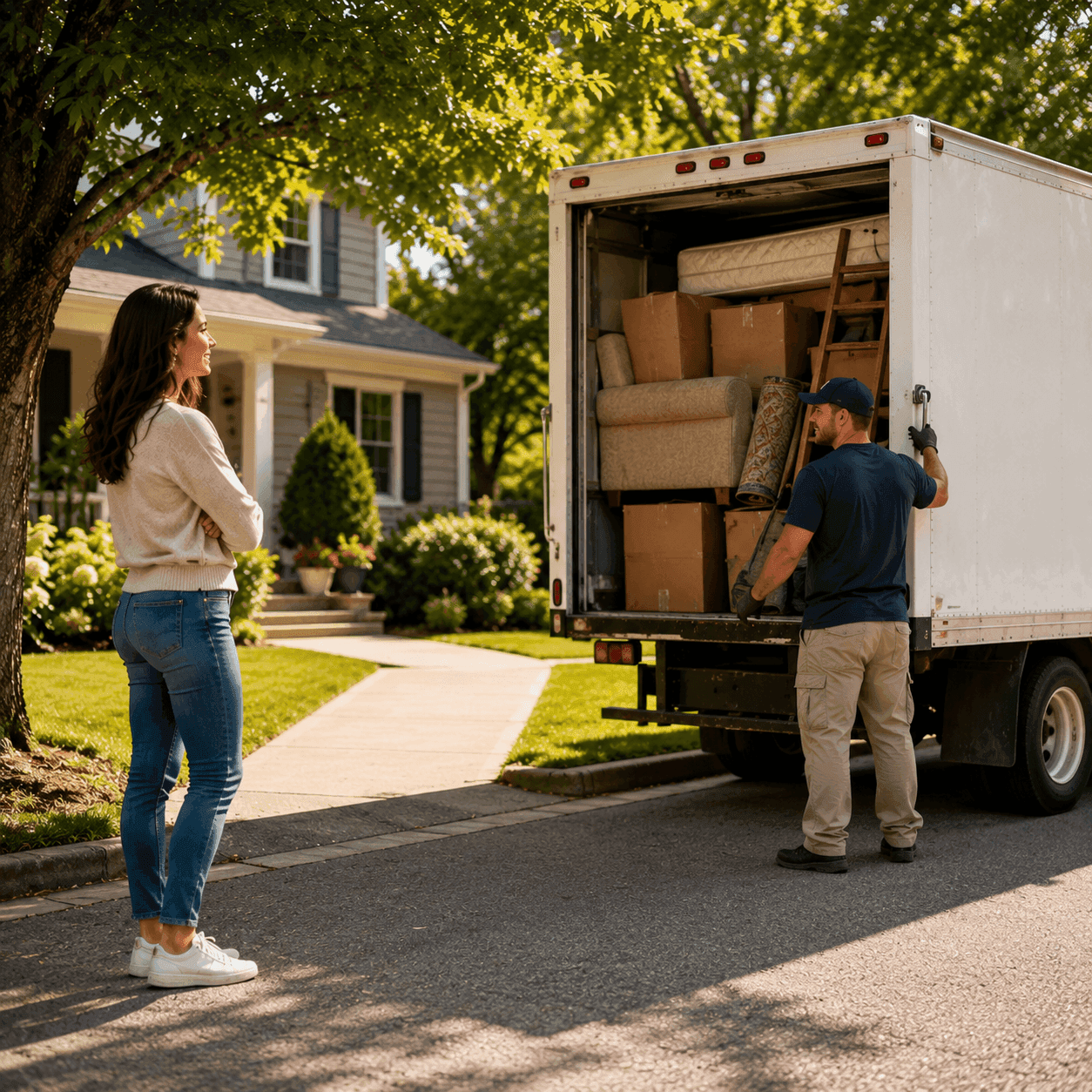 Homeowner watching a Pro load a couch and boxes into a junk-removal truck