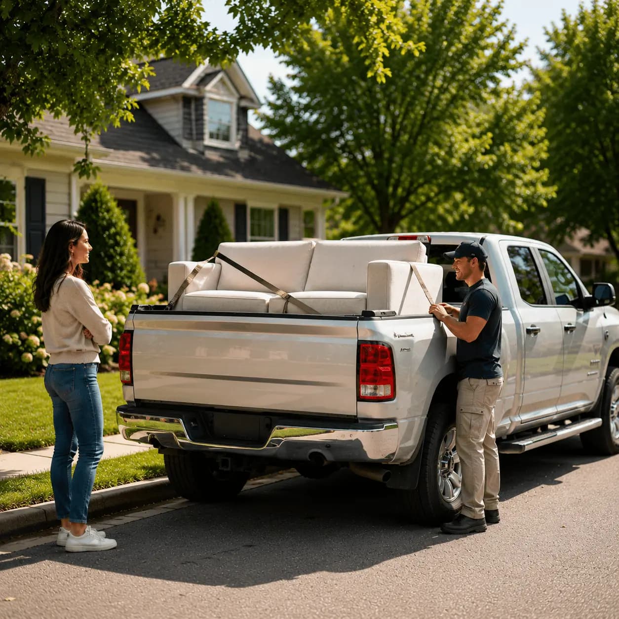 Pro loading a couch into a pickup truck while homeowner watches